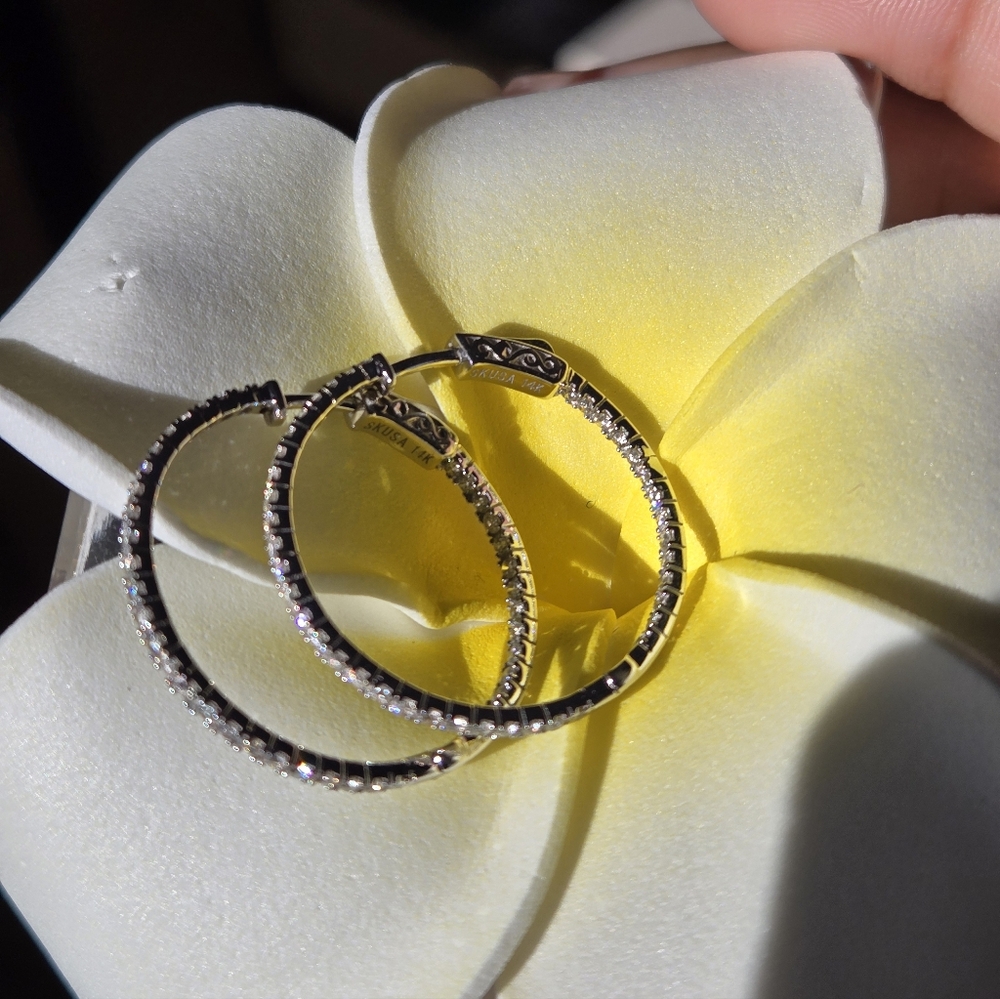 14k In And Out Diamond Hoops - Picture 5 of 9